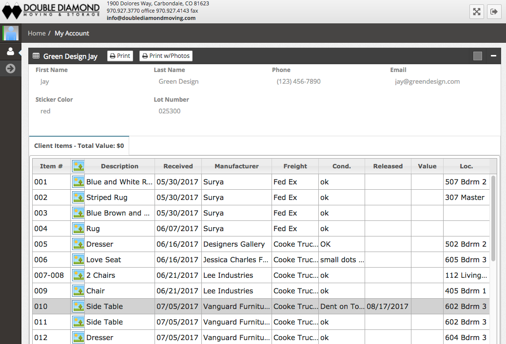 Online inventory dashboard showing received items for a design project